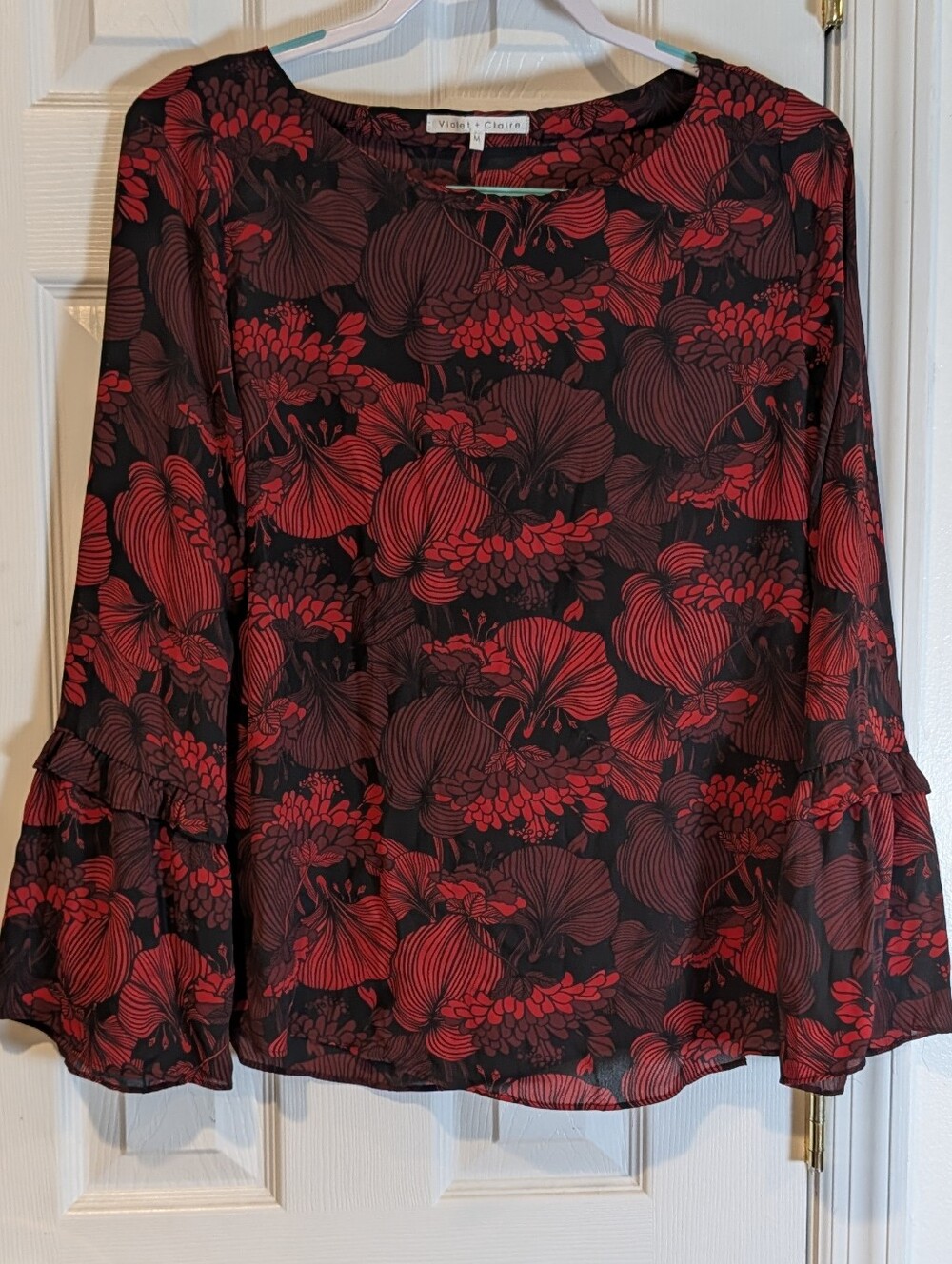 Violet & Claire Black Blouse with Red Floral Print and Ruffle Bell Sleeves
